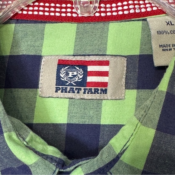Phat Farm XL Plaid Racing Patch Shirt Neon Green Navy Streetwear 90s Y2K - Picture 7 of 13